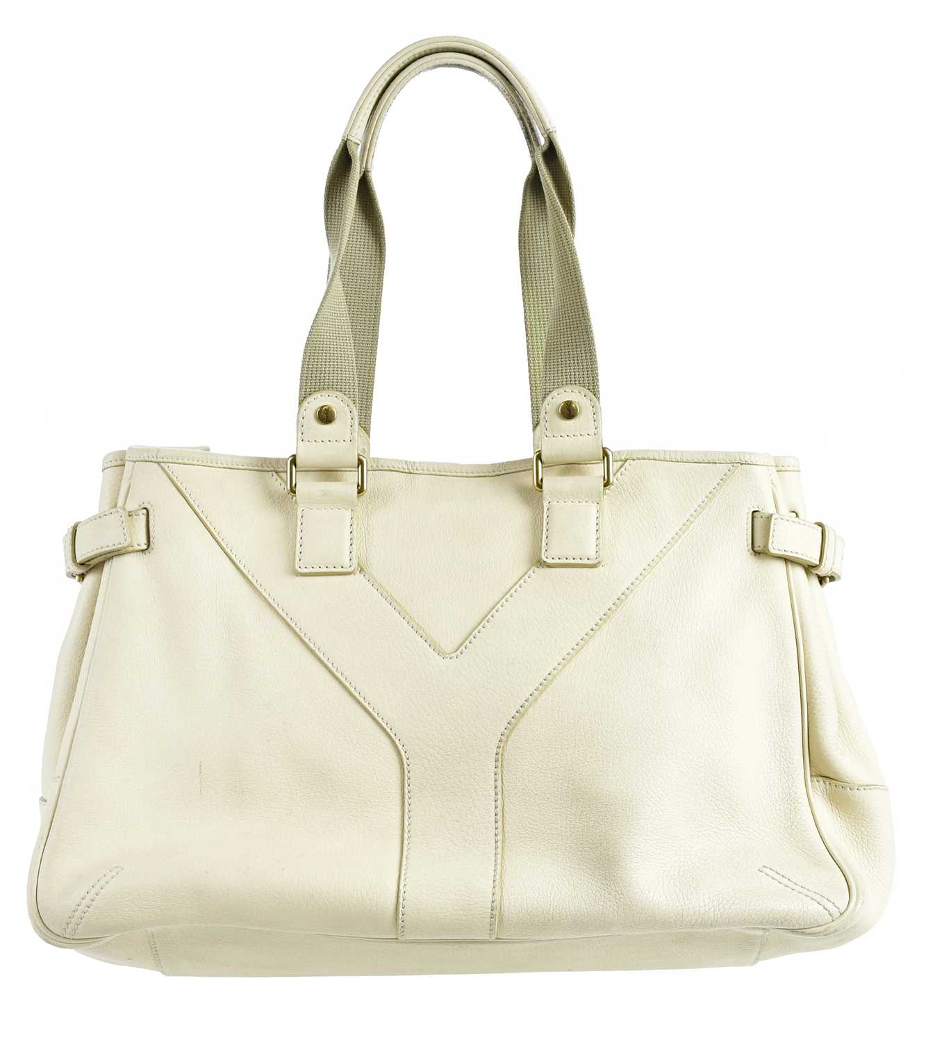 YVES SAINT LAURENT; a cream pebbled leather 'Y' bag with gold tone hardware buckles, and maker's - Image 2 of 3