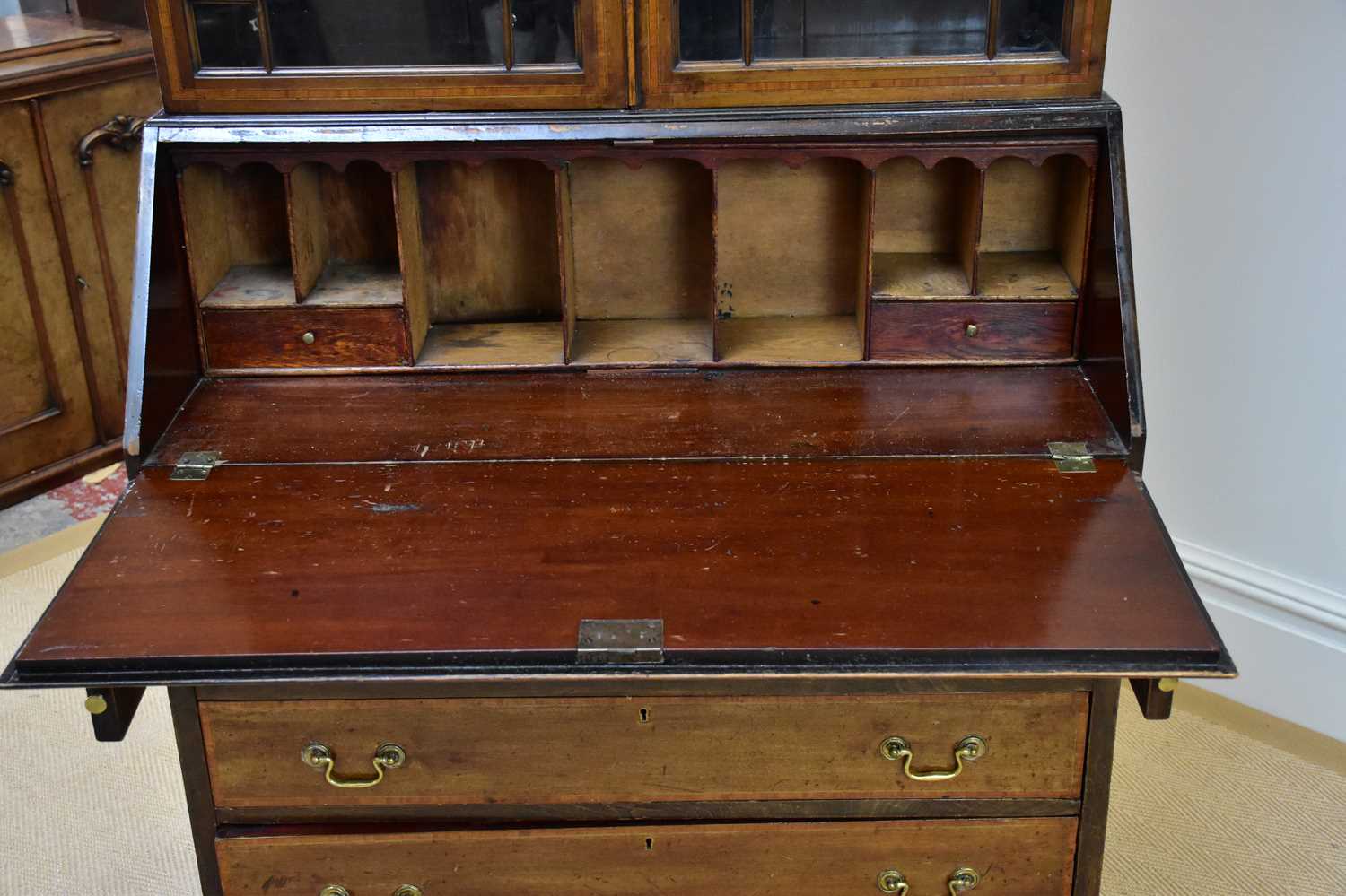 An Edwardian inlaid and crossbanded mahogany bureau bookcase with moulded cornice above a pair of - Image 3 of 4