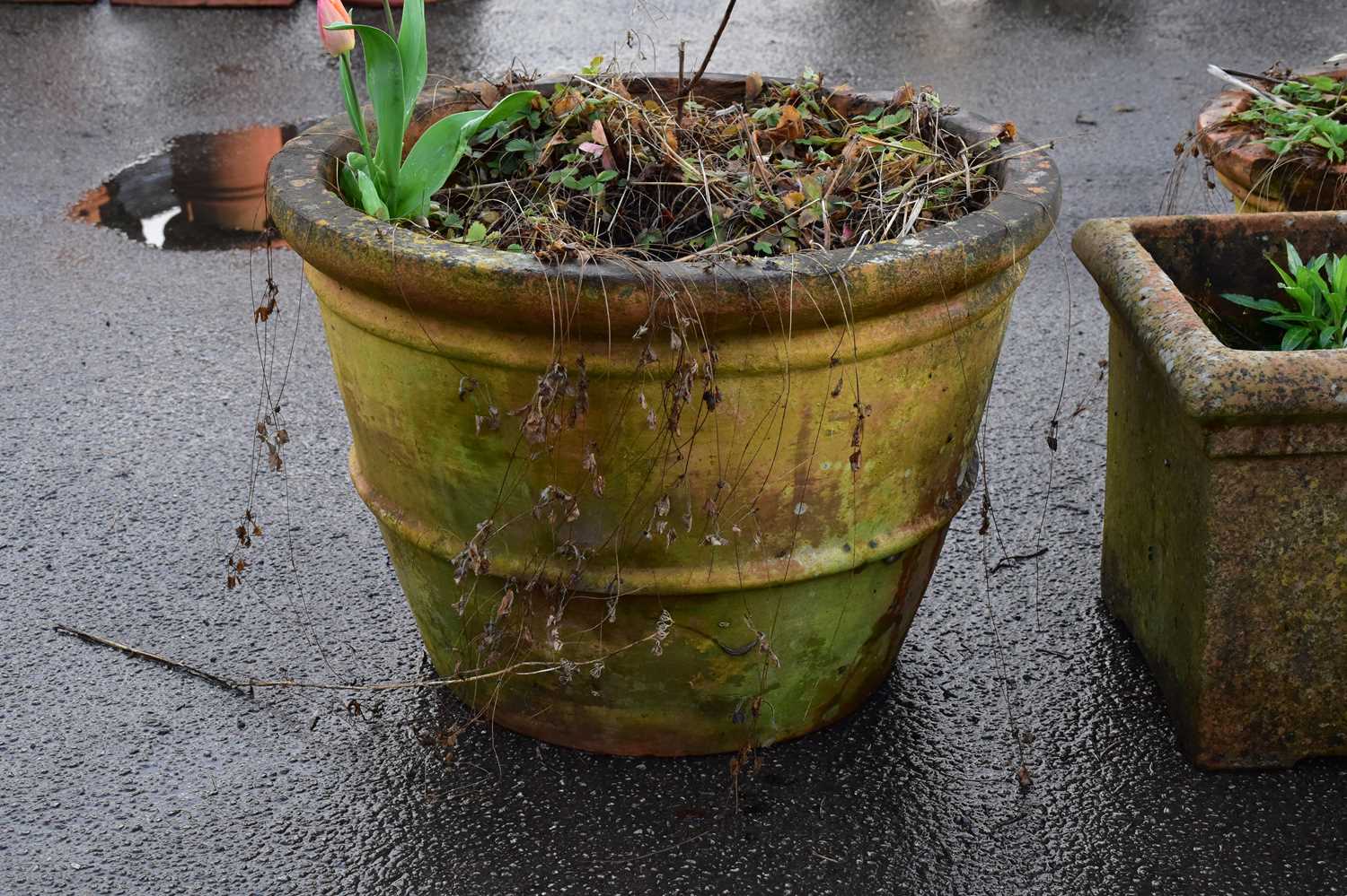 Four garden planters, comprising a circular planter, height 42cm, two square planters and a - Image 2 of 4