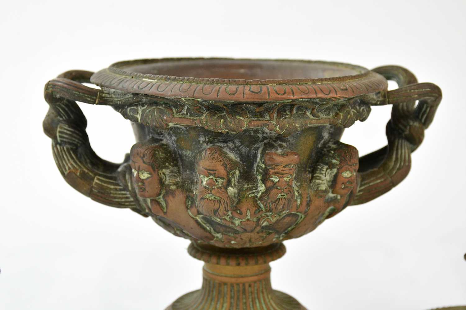 A 19th century cast metal model of a Warwick vase, two pairs of brass candlesticks, and a pair of - Image 4 of 6