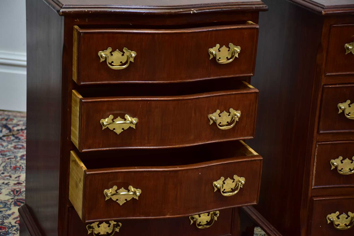 A pair of reproduction mahogany serpentine fronted chests of four drawers on bracket feet, height - Image 2 of 3