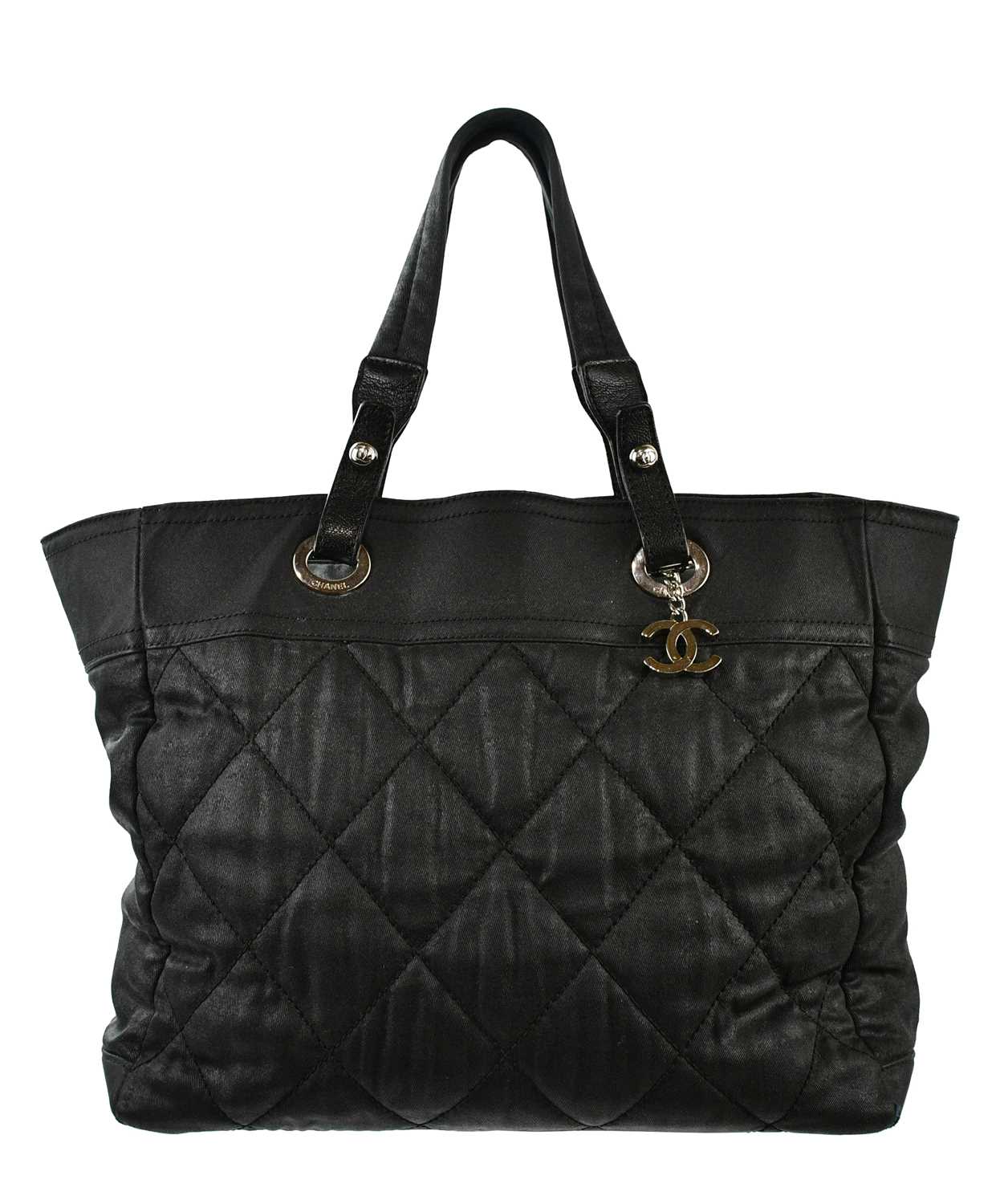 CHANEL; a Paris-Biarritz quilted coated fabric and black leather large tote bag, with double CC