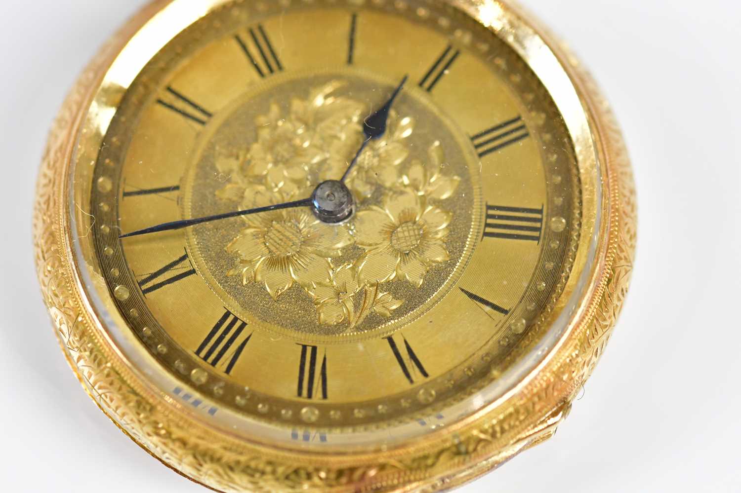 A yellow metal lady's open face fob watch, the gilt dial set with Roman numerals, stamped '18k', - Image 2 of 7