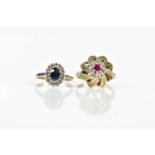 Two 9ct yellow gold dress rings, the sapphire and diamond example size K ½, the second size N,