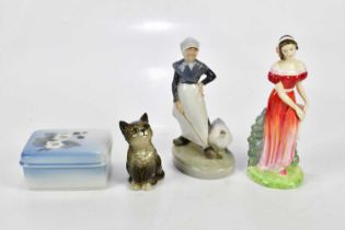 ROYAL COPENHAGEN; a figure of a Dutch girl beside goose, height 18cm, a trinket box and cover, Royal