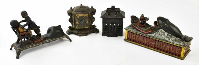 A cast iron money bank 'State Bank', height 12cm, a Victorian cast metal lidded box, and two