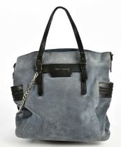 JIMMY CHOO; a blue suede tote bag with silver tone hardware chain detail, black leather trim with