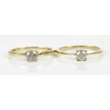 Two modern 9ct yellow gold diamond solitaire rings, each stone weighing approx 0.25ct, both size P