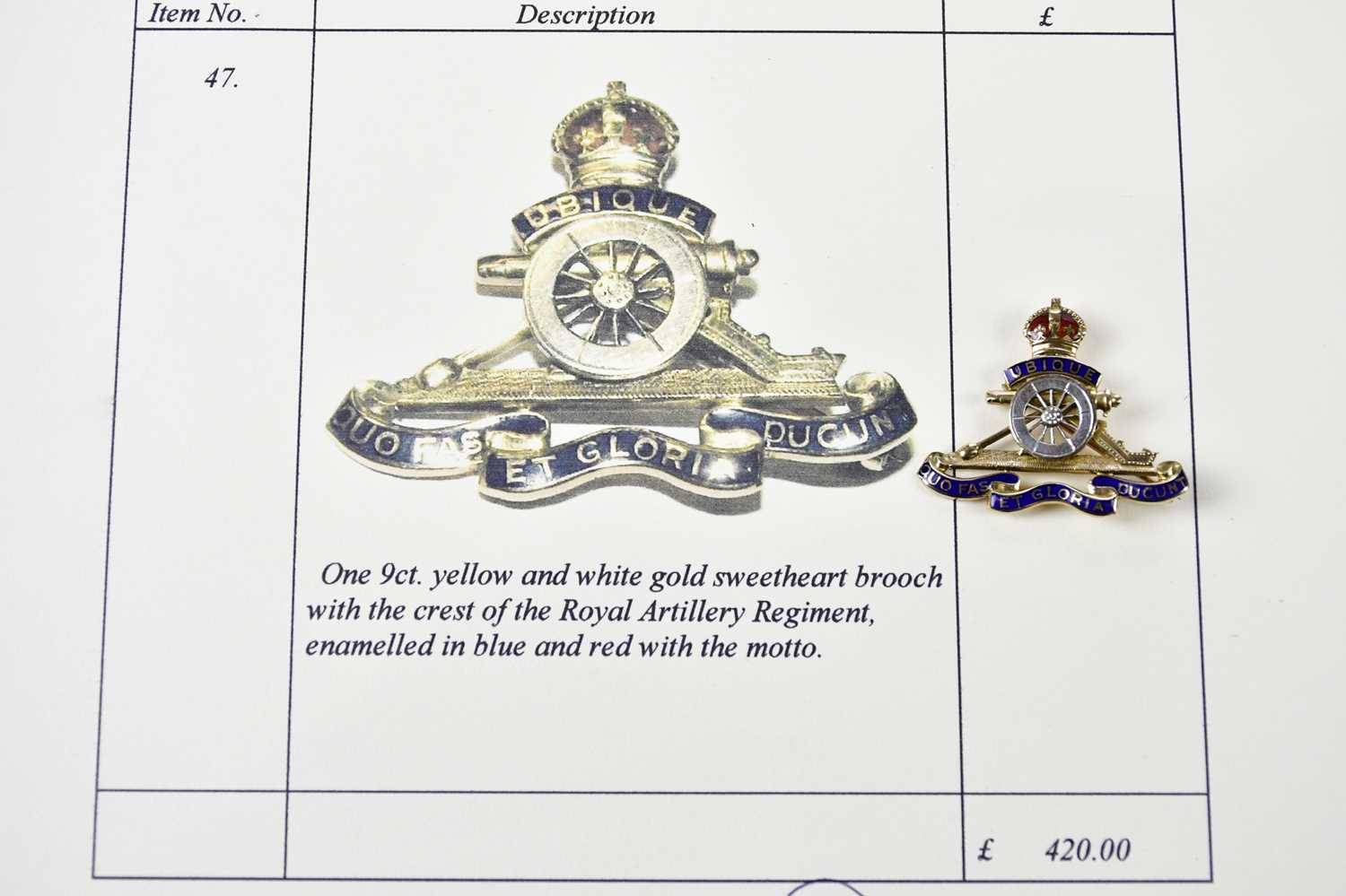 A 9ct yellow and white gold enamel decorated sweetheart brooch for the Royal Artillery, length 35mm, - Image 3 of 3