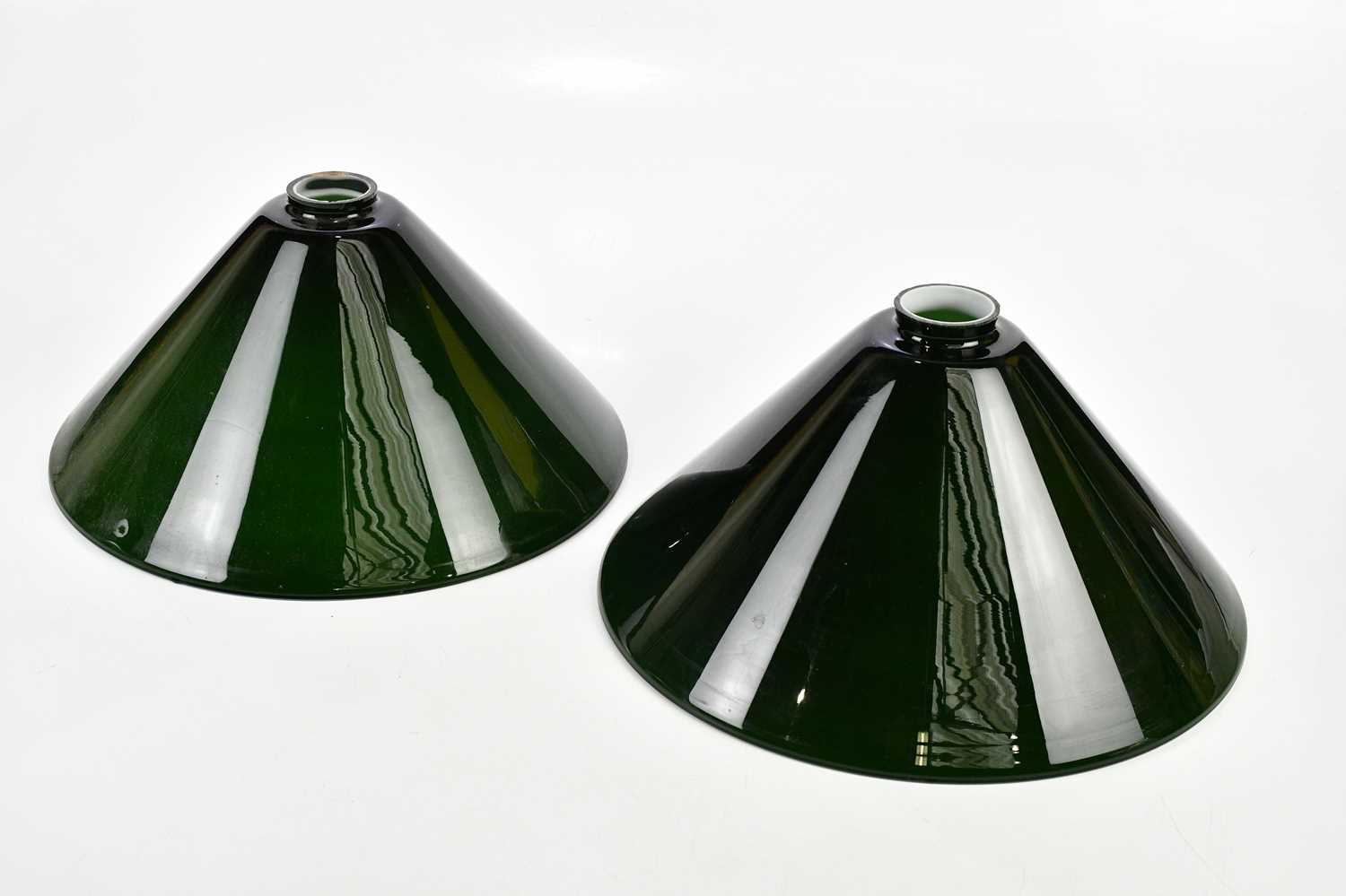 Four vintage green and white glass light shades, diameter 34.5cm, with a brass four light snooker - Image 4 of 6