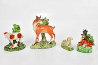 STAFFORDSHIRE; three late 18th century pearlware figures, comprising stag, sheep, and lamb, also a