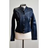 DOLCE & GABANNA; a short navy blue leather jacket, fully lined with zip front, size 42. Condition