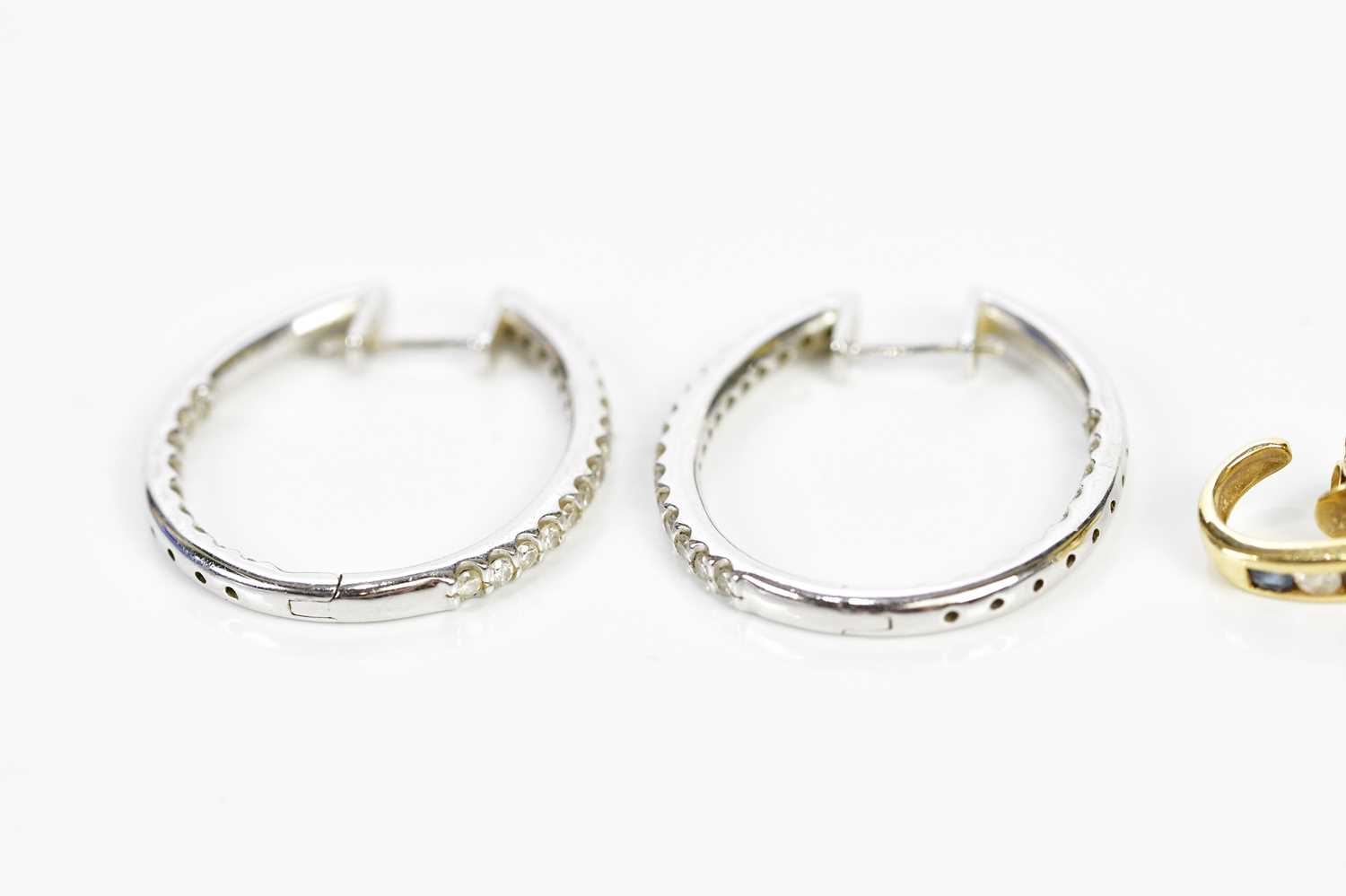 A pair of 18ct white gold and diamond half hoop earrings, length 27mm, a pair of 18ct yellow gold - Image 4 of 4