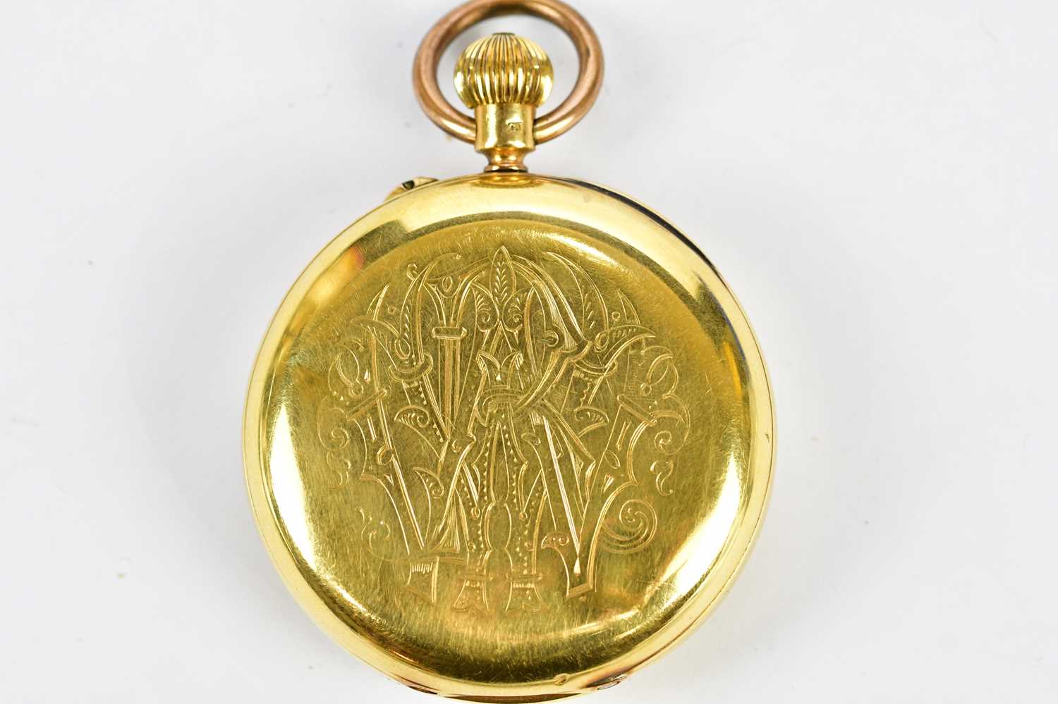 An 18ct yellow gold crown wind open face pocket watch with Roman numerals to the white enamel - Image 3 of 3