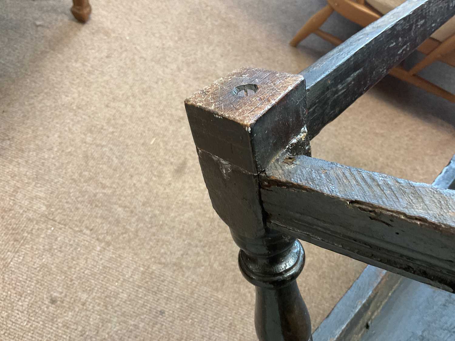 An 18th century and later oak wainscot type chair with carved back and single plank seat, on block - Image 12 of 16