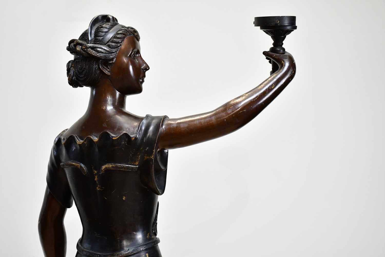 A large bronze lamp modelled as a maiden supporting a lantern, on fluted plinth base, height 179cm. - Image 8 of 10