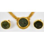 An 18ct yellow gold collarette set with an ancient Greek coin pendant, with a matching pair of