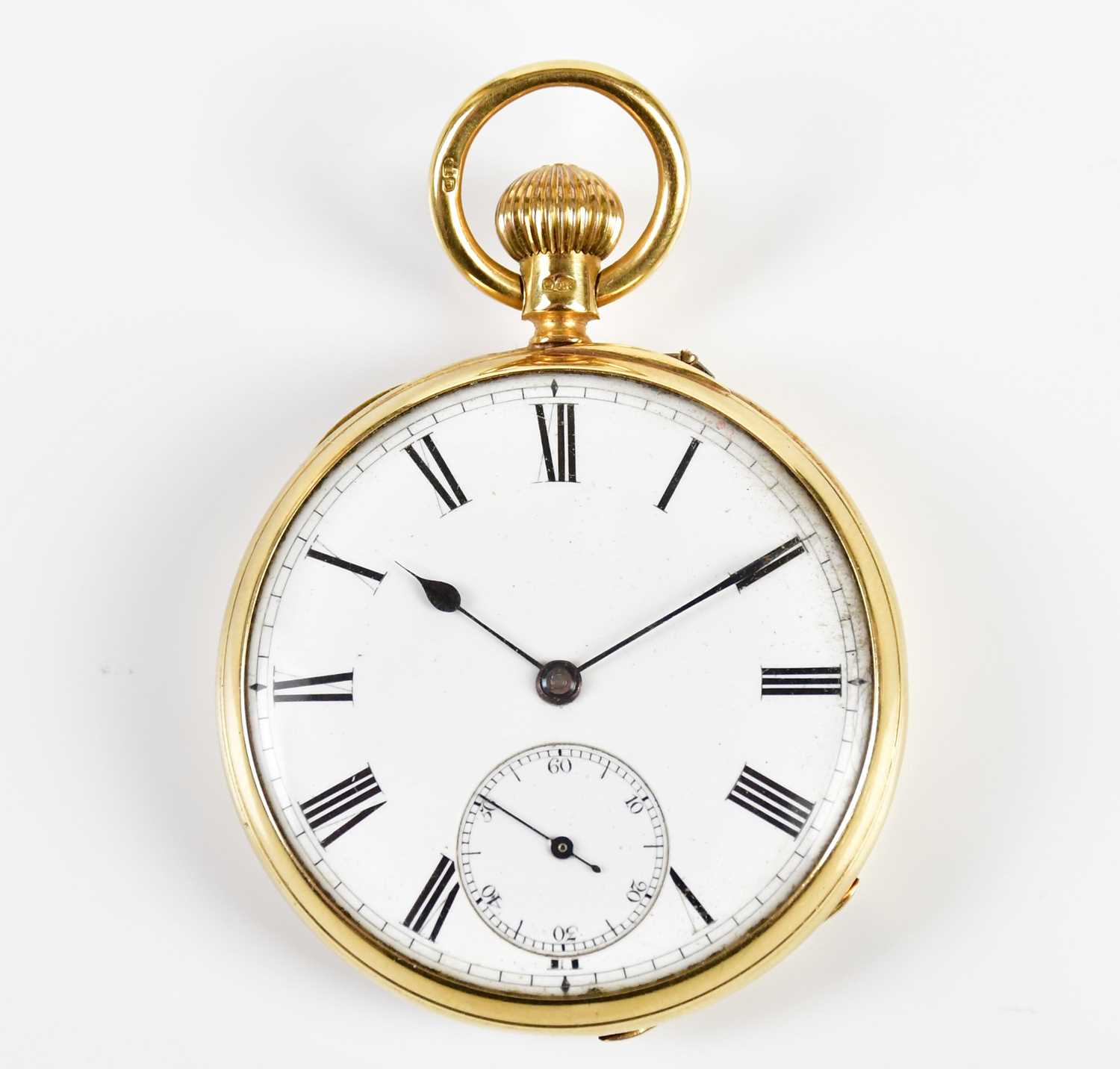 An 18ct yellow gold open face pocket watch, the white enamel dial set with Roman numerals and