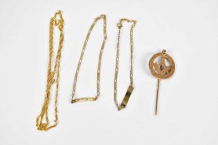 A group of 9ct gold jewellery, including a Masonic stick pin, a pair of children's identity