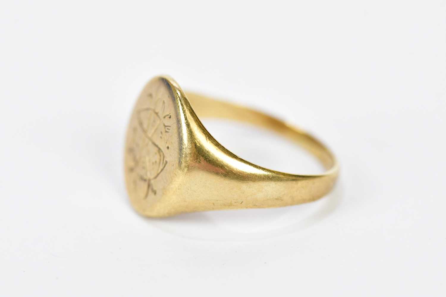 A 9ct yellow gold signet ring with engraved initials to the oval platform, size Q, approx. 4.85g. - Image 2 of 3