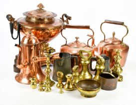A collection of 19th century and later metalware, including rush light, twin handled copper tea urn,