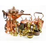 A collection of 19th century and later metalware, including rush light, twin handled copper tea urn,