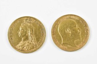 A Victorian half sovereign, 1892, Jubilee head, and an Edward VII half sovereign, 1904 (2)