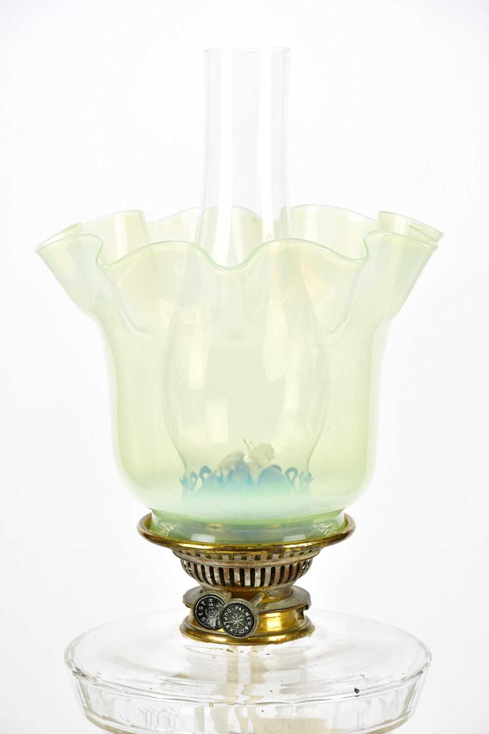 A Victorian brass oil lamp, with vaseline glass shade and Palmer & Co duplex wick holder above the - Image 2 of 6