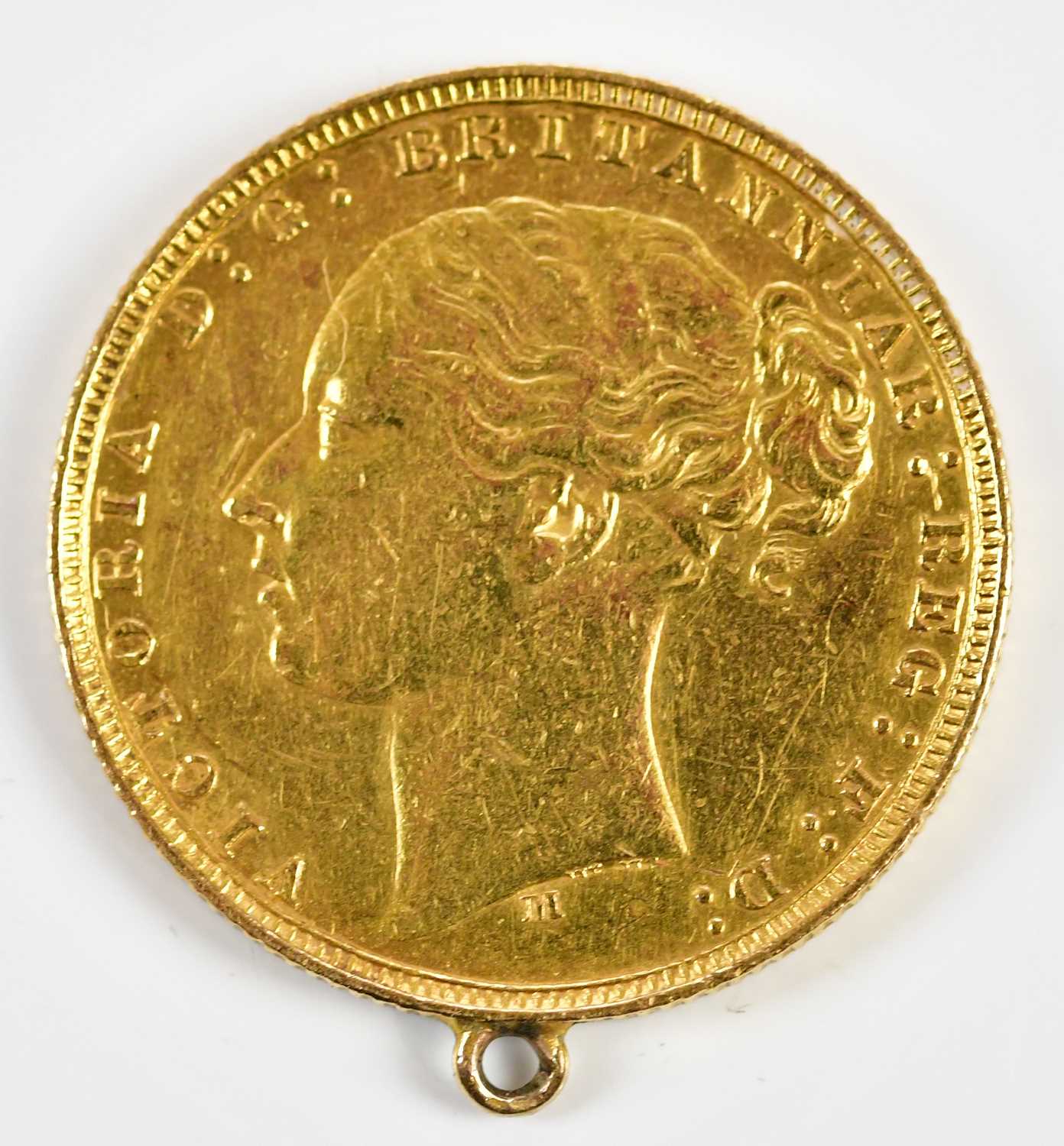 A Victorian full sovereign, 1878, young head, now with pendant loop attachement.