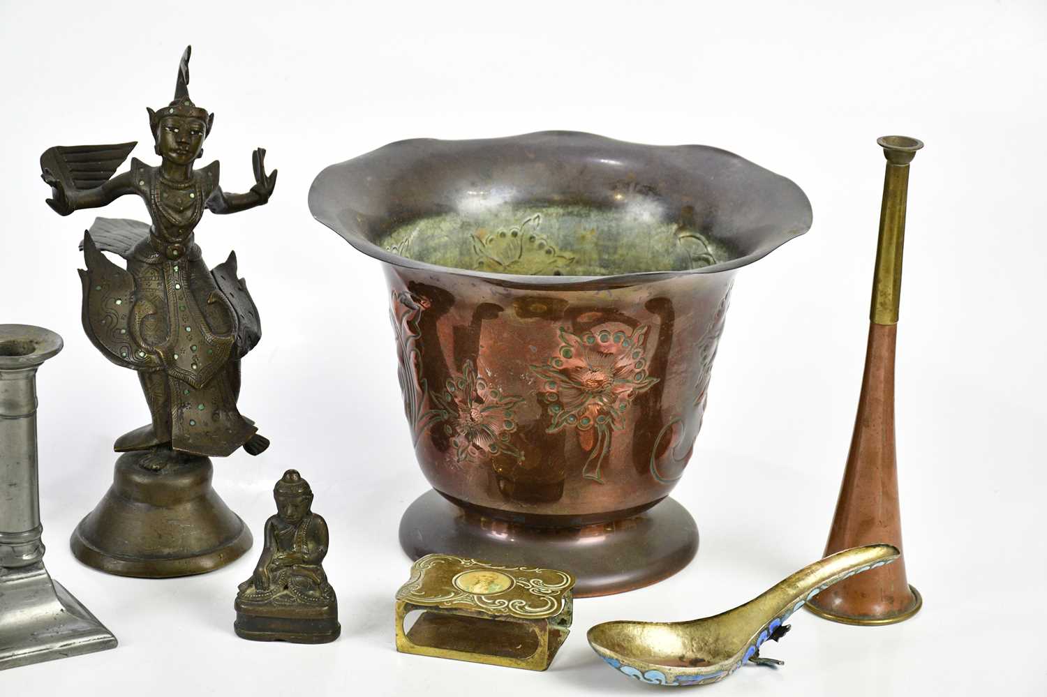An Indian bronze figure of a deity, height 26cm, with an Art Nouveau copper jardiniere, height 18cm, - Image 3 of 3