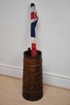 A coopered oak stick stand, height 65cm, and a modern Union Jack (2).