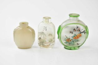 Three Chinese snuff bottles including two glass examples, height of largest 7cm (3).