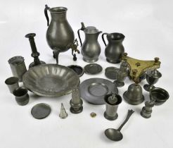 A collection of pewter, including a 19th century coffee pot.