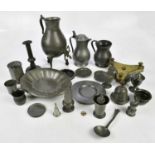 A collection of pewter, including a 19th century coffee pot.