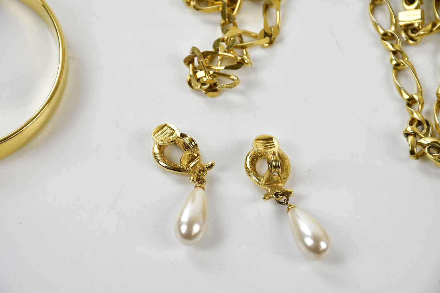 CHRISTIAN DIOR; a gold tone long link chain necklace with faux pearl detail, length 96cm, and gold - Image 2 of 4