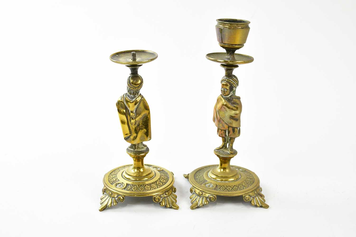 A 19th century cast metal model of a Warwick vase, two pairs of brass candlesticks, and a pair of - Image 5 of 6