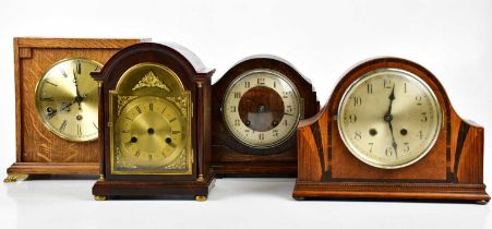 BRAVINGTONS; an oak cased mantel clock set with Roman numerals, height 26cm, two further oak cased