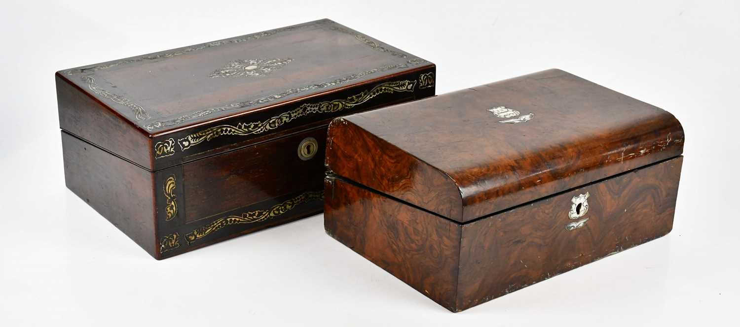 A Victorian mother of pearl inlaid rosewood writing slope with fitted interior, width 40cm, depth