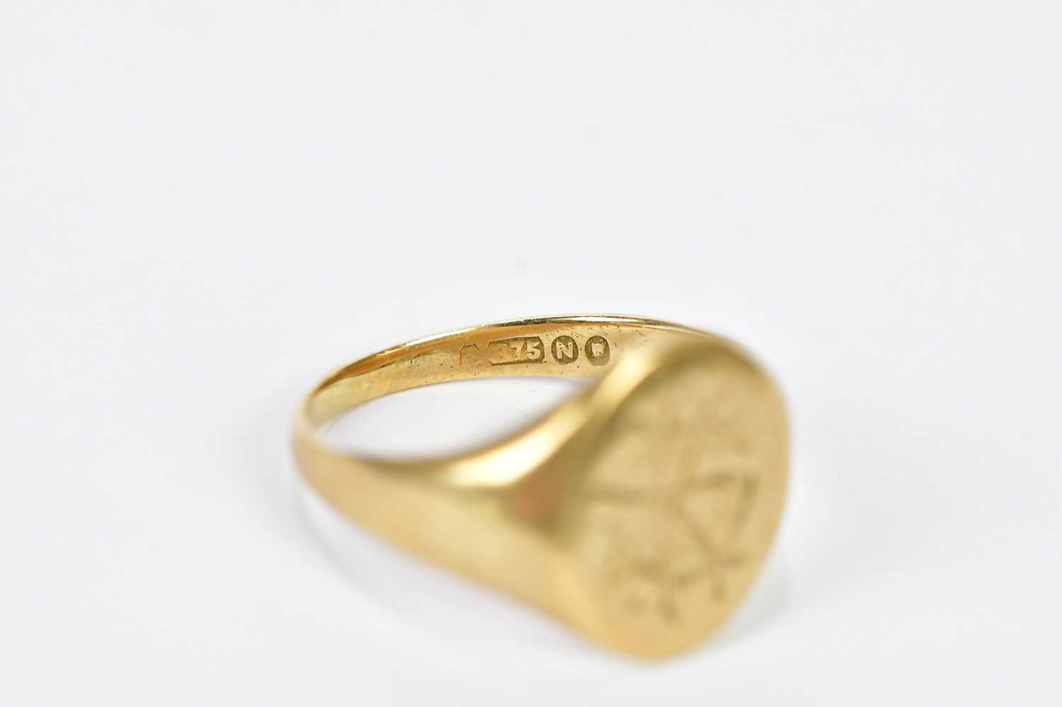 A 9ct yellow gold signet ring with engraved initials to the oval platform, size Q, approx. 4.85g. - Image 3 of 3