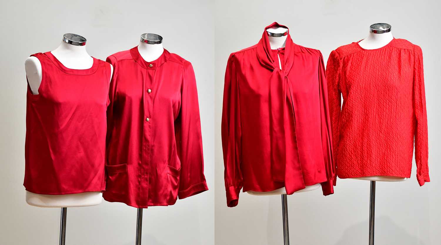 CHANEL; a 100% red silk vest top, measures 38" bust, and matching red jacket with gold tone