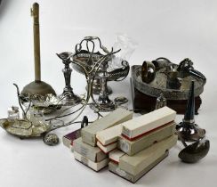 A small collection of plated items including a mahogany cased part canteen, an urn, an hors d'oeuvre