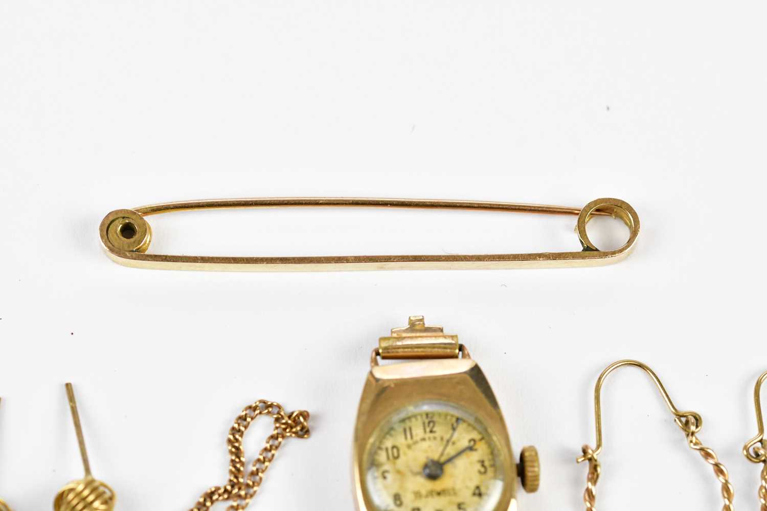 A vintage 9ct yellow gold wristwatch, a 9ct gold tie pin, a pair of knot studs, and a pair of - Image 4 of 4