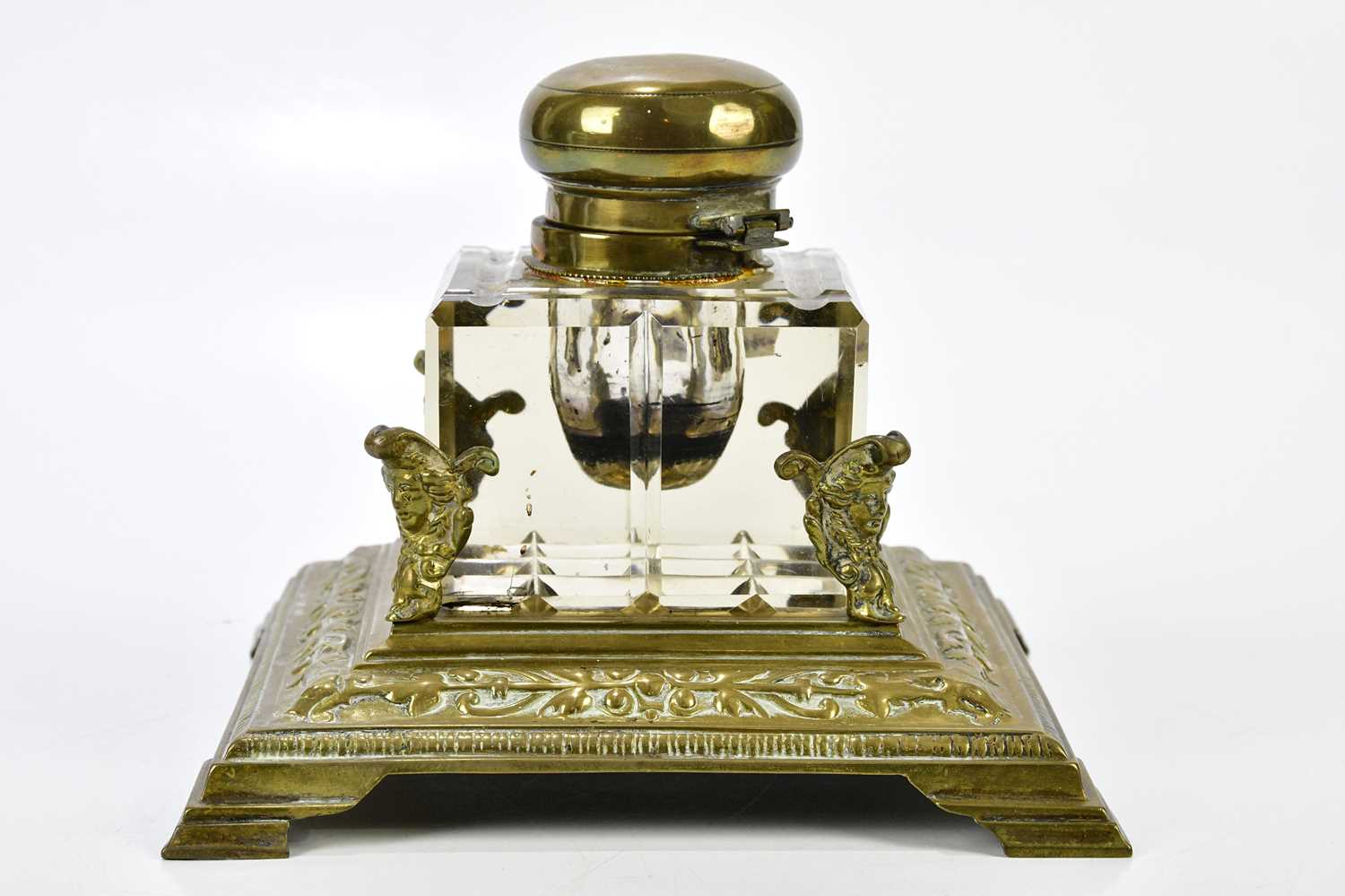 A 19th century brass desk stand housing a large cut glass inkwell with brass hinged cover, width - Image 2 of 4