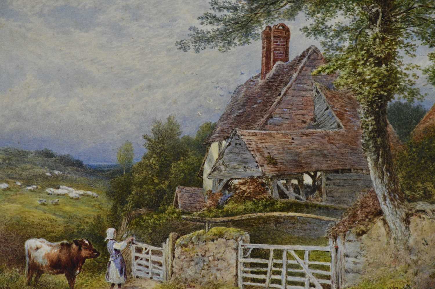 UNATTRIBUTED; watercolour, cattle and maiden beside a farmhouse with landscape in the background, - Image 2 of 5