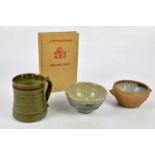 LEACH STONEWARE; three pieces including mug, footed bowl with painted detail, also a Pottery's