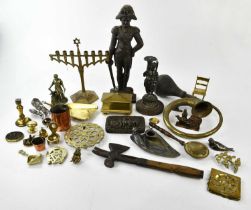 A collection of 19th century and later metalware, including brass menorah, cast iron doorstop
