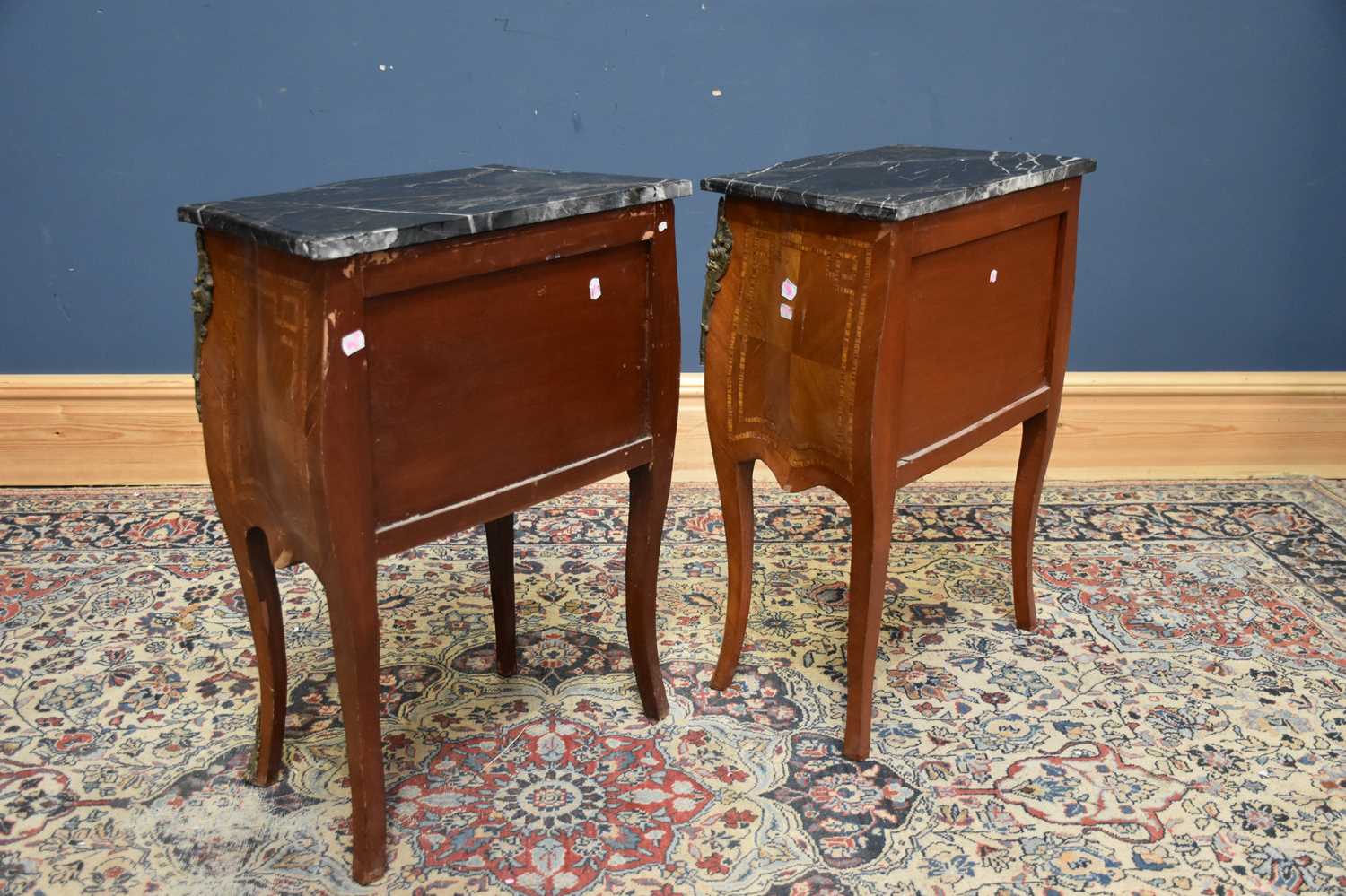 A pair of reproduction serpentine front marble top bombe shaped three drawer side cabinets with - Image 2 of 4