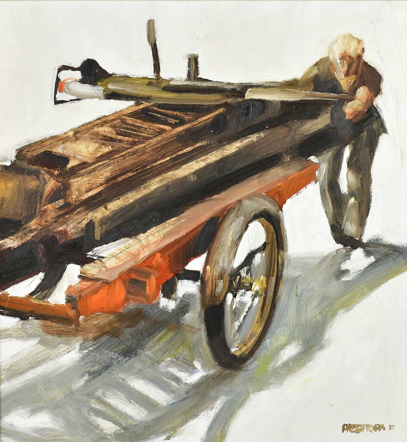 † DAVID STEFAN PRZEPRIOA (born 1944); oil on board, figure pushing cart, signed and dated 75, 47 x - Image 2 of 4