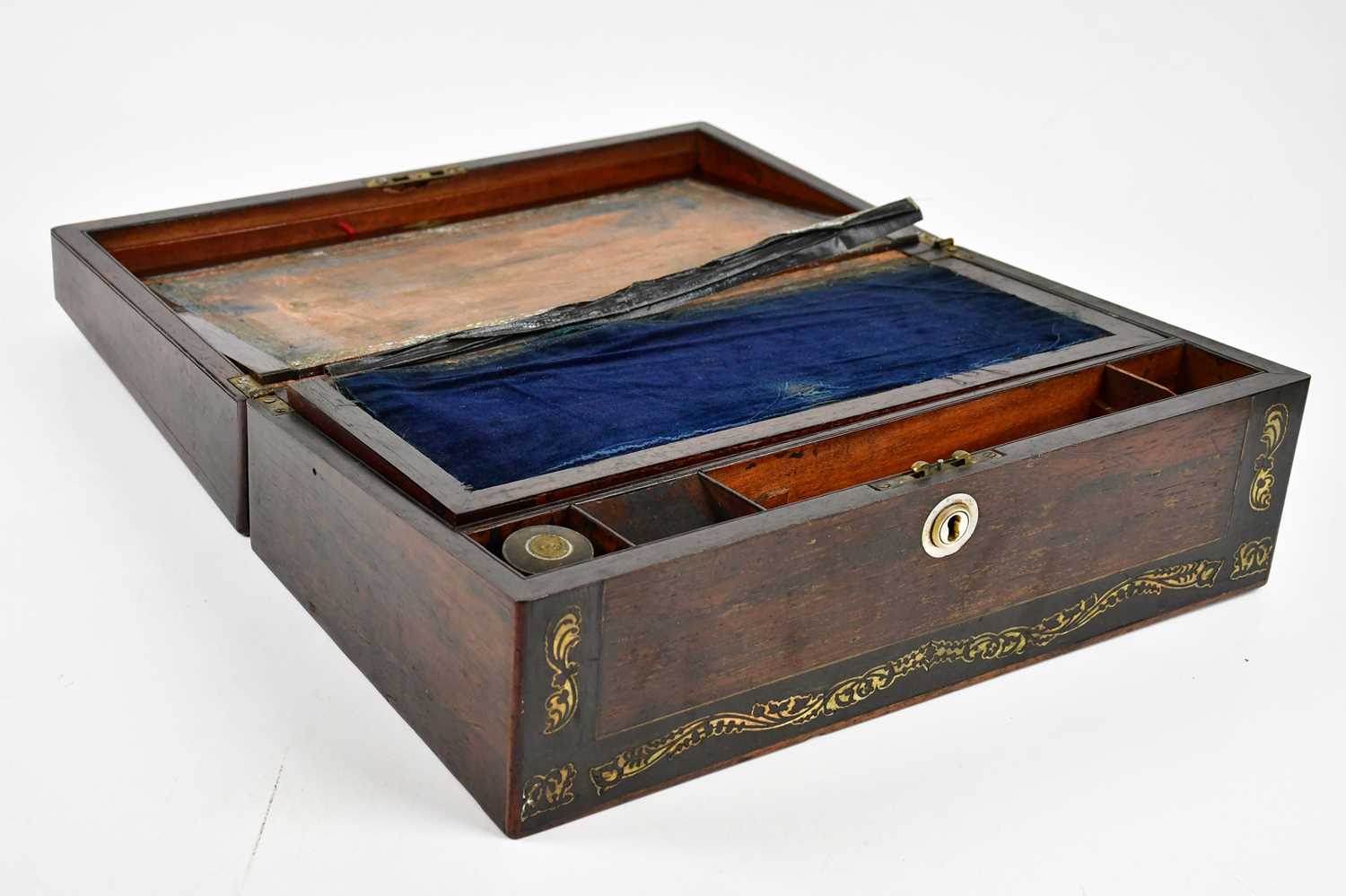 A Victorian mother of pearl inlaid rosewood writing slope with fitted interior, width 40cm, depth - Image 3 of 3