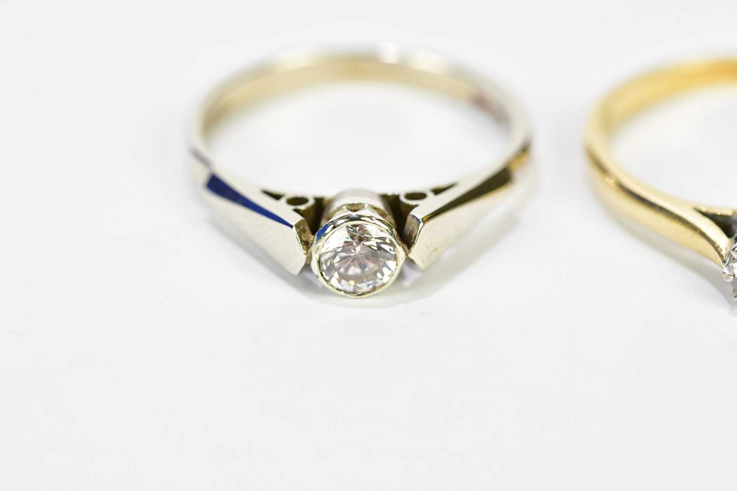 Two 9ct yellow gold diamond solitaire rings, one claw set, the other collet set, stones approx. 0.15 - Image 2 of 4